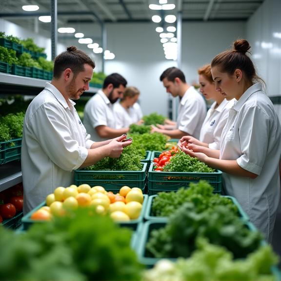 The Green Harvest Ireland team inspecting fresh produce in their clean, well-lit warehouse.