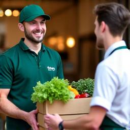 A friendly delivery driver handing over a crate of fresh vegetables to a chef.