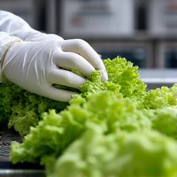 A quality control specialist inspecting fresh lettuce.