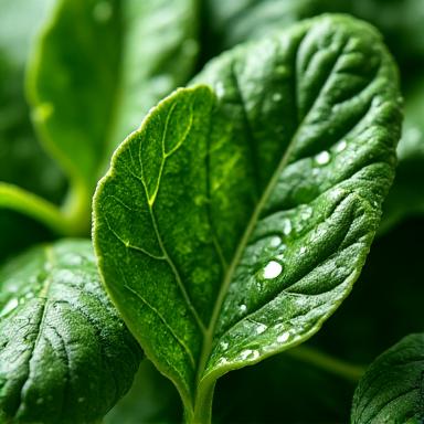 A close-up of fresh, dewy organic spinach leaves.