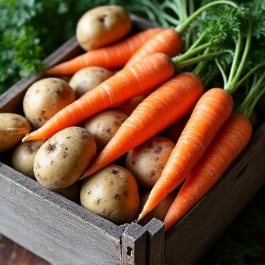 A rustic crate filled with fresh Irish potatoes and carrots.